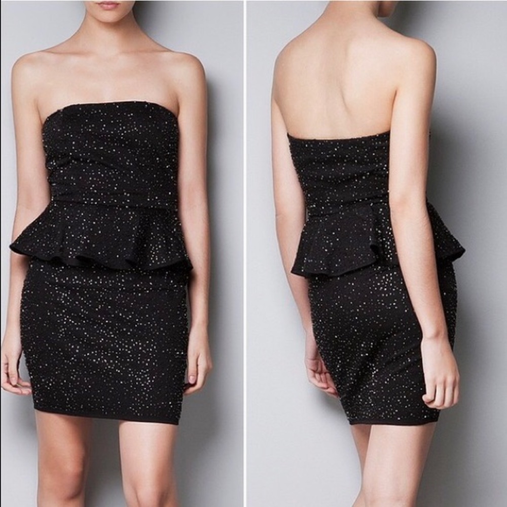 Black beaded peplum cocktail dress.